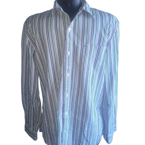 Tommy Hilfiger Blue, Green and White Striped Button Up Shirt M - Picture 1 of 4